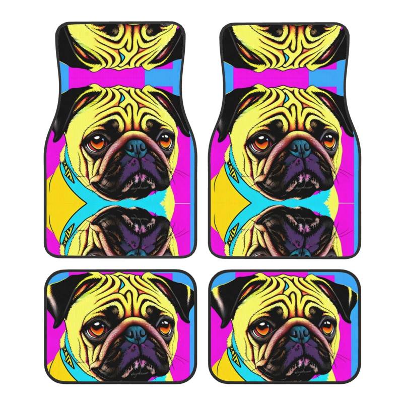 BROLEO Dogs Pop Art Mops-Bild-Automatten, 4er-Set – alle Autos – leicht zu reinigen, rutschfest – verschönern den Innenraum und schützen Autos von BROLEO