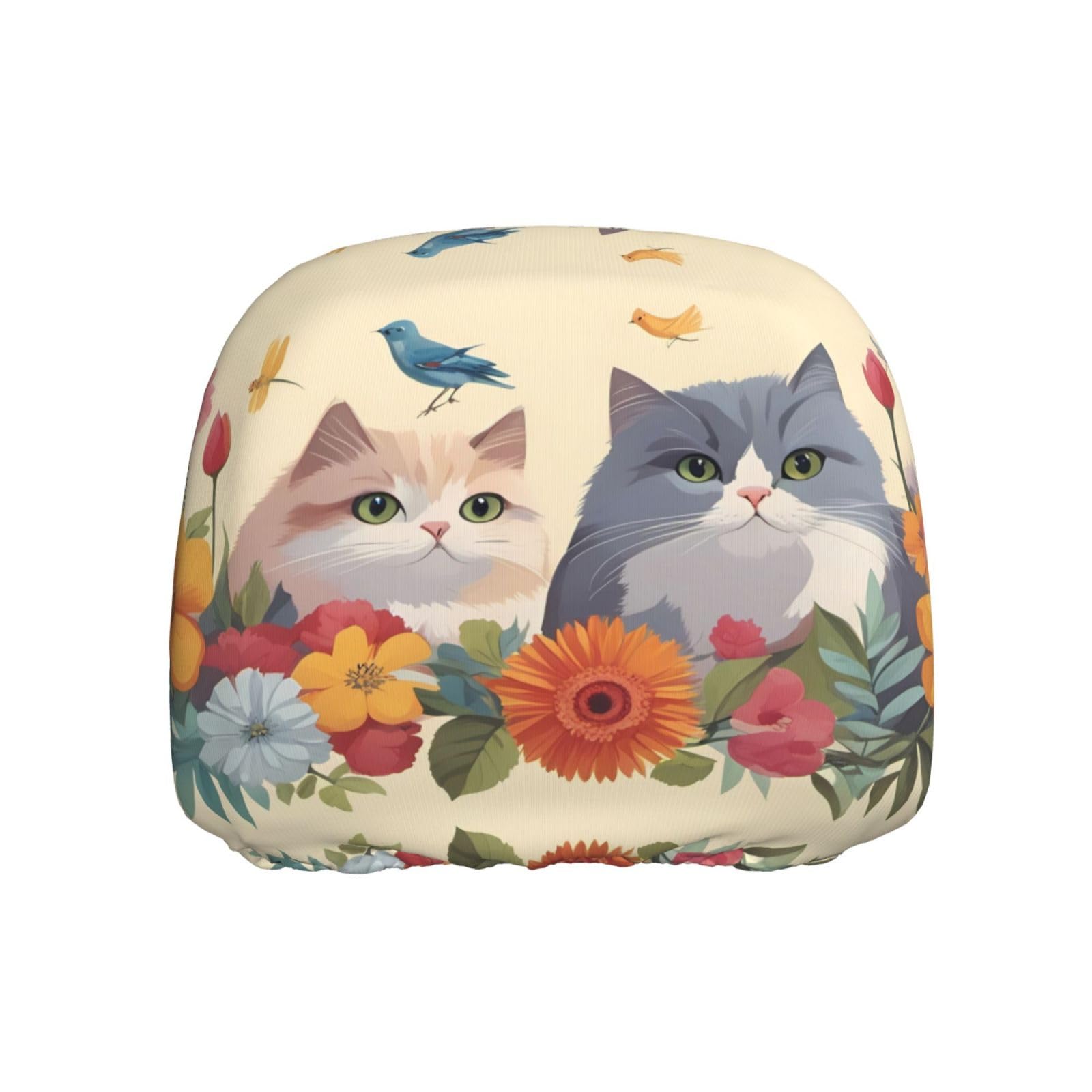 BROLEO Funny Cats Birds and Flowers Picture Car Headrest Cover 1 Piece Soft and Comfortable Elastic Car Accessories von BROLEO