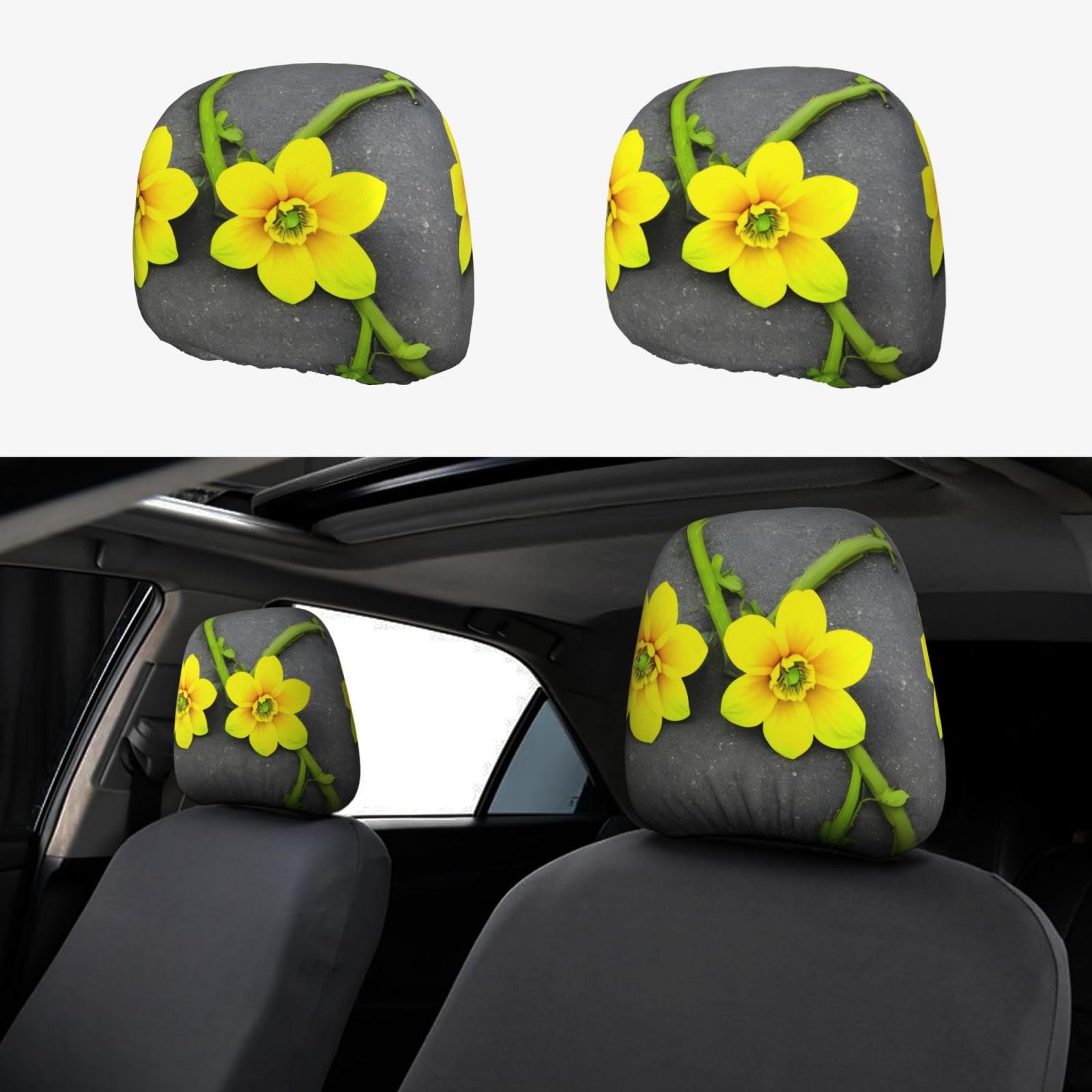 BROLEO Gelbes Bild Auto Kopfstützenbezug, 2-teiliges Set, Innenzubehör, Dekoration, passend für Autos, Lieferwagen, LKWs, Universal-Sitzzubehör von BROLEO