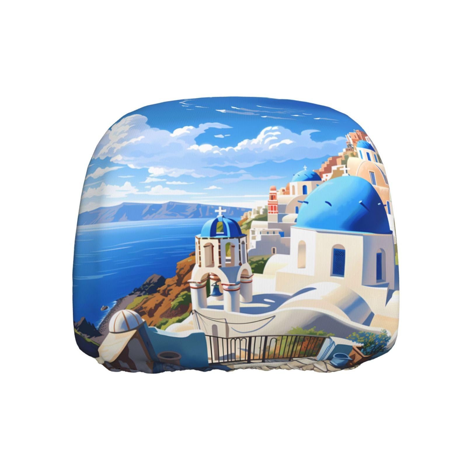 BROLEO Santorini Kopfstützenbezug für die griechische Insel mit Meerblick, 1 Stück, weich und bequem, elastisches Autozubehör von BROLEO