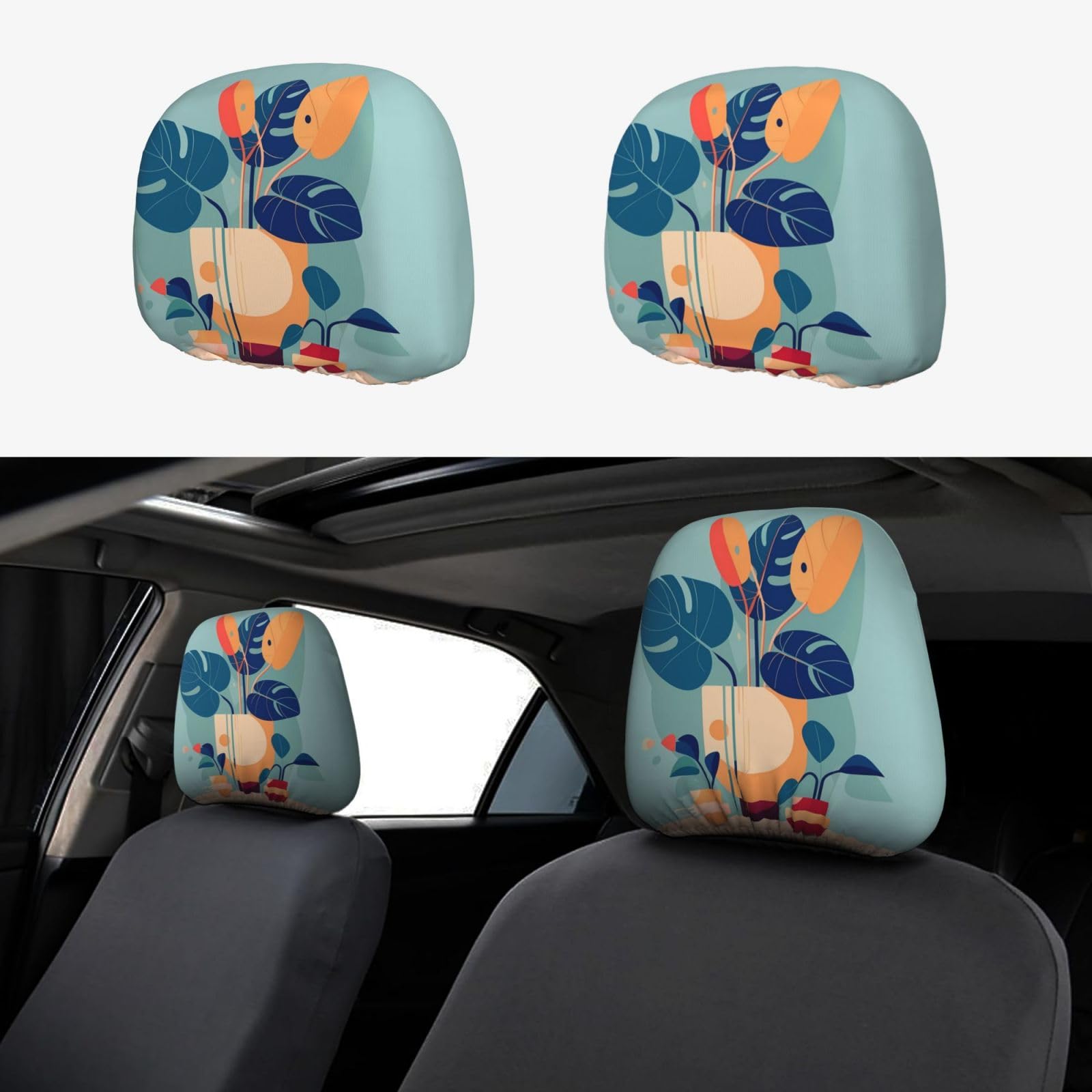 Blau-orange Turtleback Bambusbild Auto Kopfstützenbezug 2-teiliges Set Innenzubehör Dekoration passend für Autos, Lieferwagen, LKWs, Universal-Sitzzubehör von BROLEO