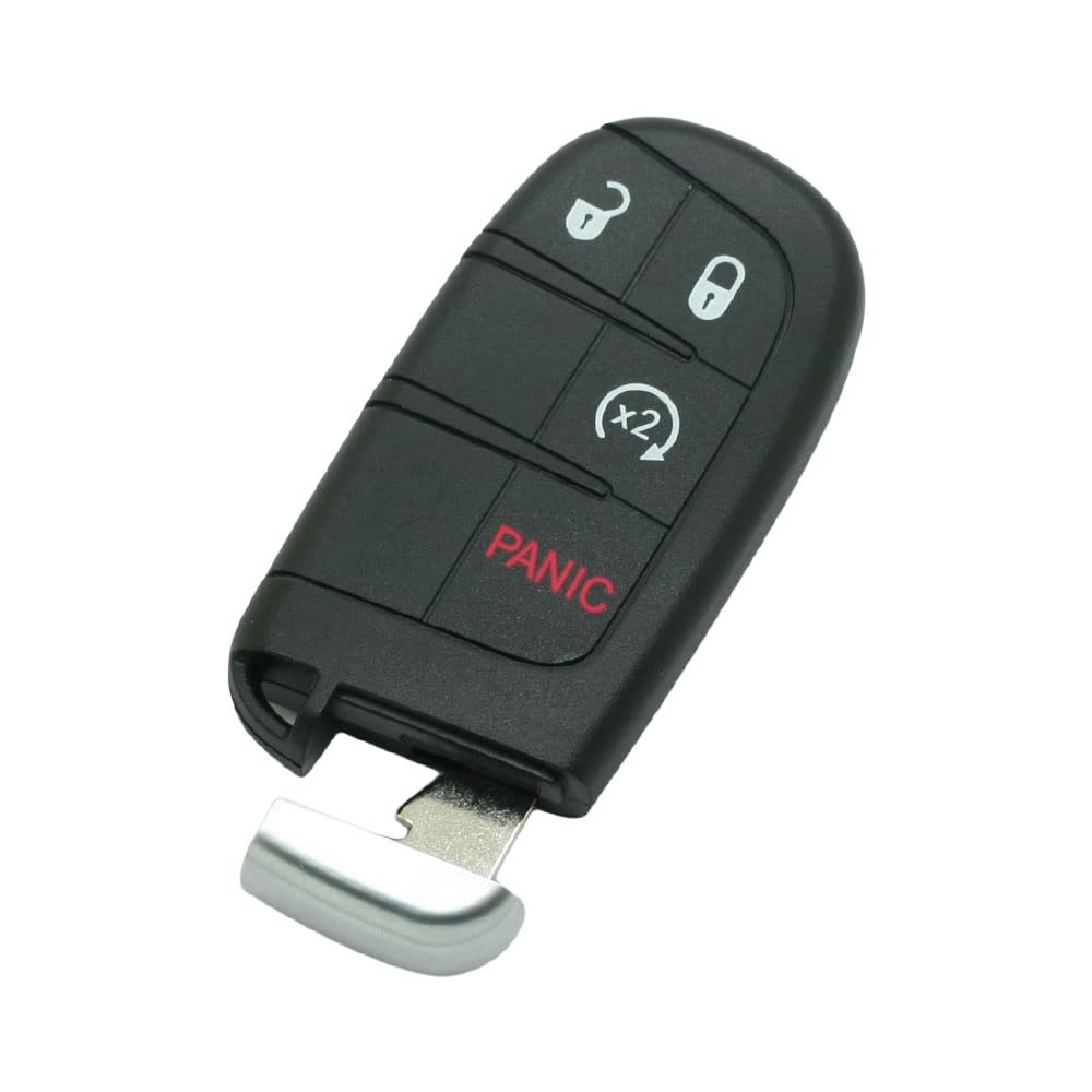 BROVACS Schlüsselgehäuse + ungeschliffener Rohling Notschlüssel kompatibel mit Dodge Chrysler Jeep 4 Tasten Smart Keyless Entry Remote Key Case Fob 3 BTN + Panic PG756C von BROVACS