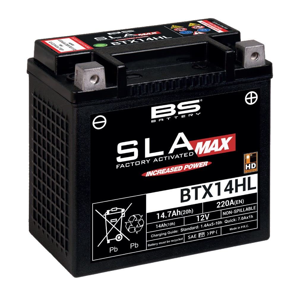 BS SLA MAX BTX14HL-BS (YTX14HL-BS) - wartungsfrei - 12 V 14 Ah - Maße: 149 x 87 x 144 mm kompatibel mit HARLEY-DAVIDSON 1200 Custom 1200 2011- von BS Battery