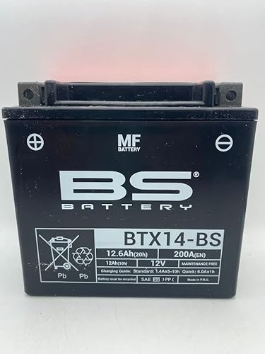 Motorradbatterie BS BTX14-BS (YTX14-BS) wartungsfrei - 12 V 12 Ah - Maße: 150 x 87 x 145 mm kompatibel mit Kawasaki QUAD KLF BAYOU 300 1988/2005 von BS Battery