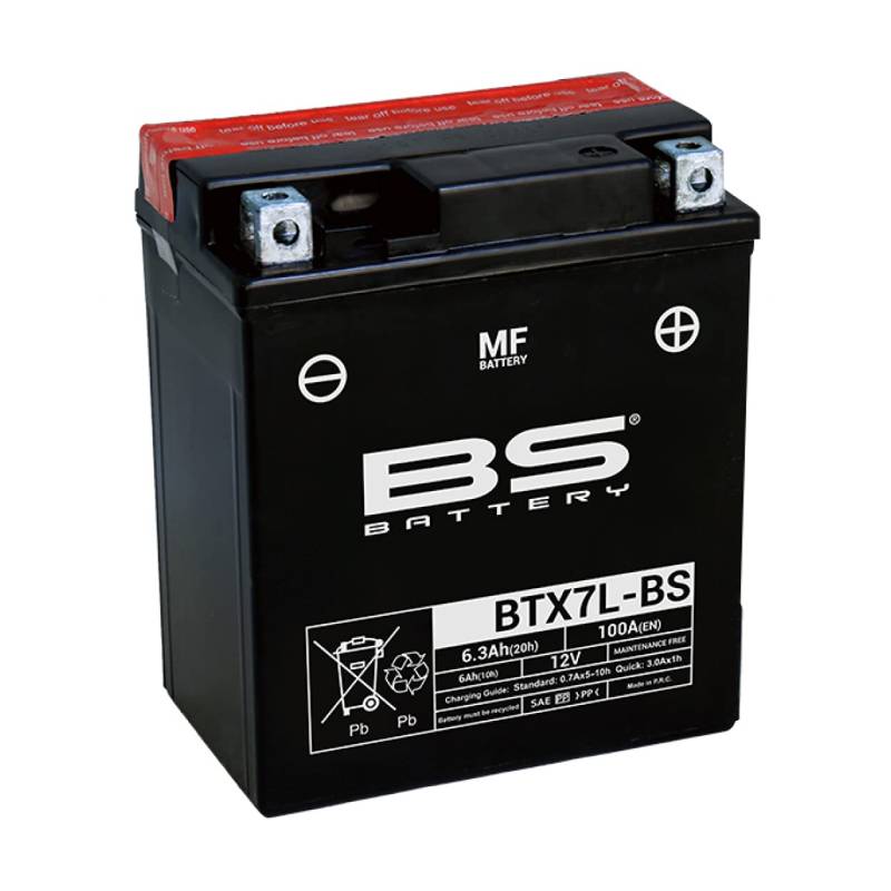 Motorradbatterie BS BTX7L-BS (YTX7L-BS) - wartungsfrei - 12V 6Ah - Maße: 113x70x130mm kompatibel mit SUZUKI UX Sixteen K8 150 2008 von BS Battery