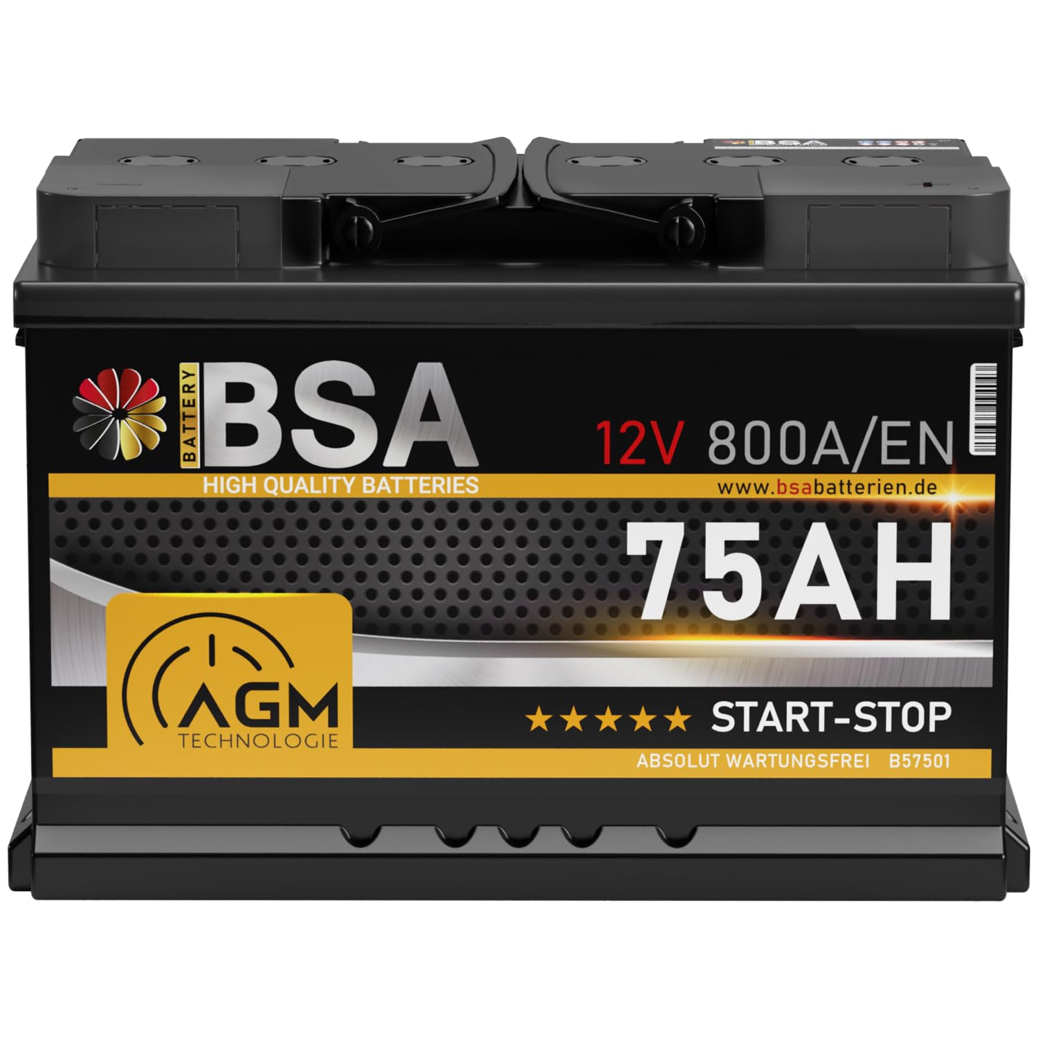 BSA AGM Autobatterie 12V 75Ah 800A/EN Start-Stop Batterie Starterbatterie VRLA statt 70Ah 72Ah 74Ah von BSA BATTERY HIGH QUALITY BATTERIES