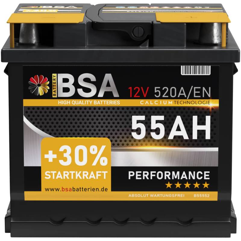 BSA Autobatterie 55Ah 12V Batterie 520A/EN +30% Startleistung ersetzt 44Ah 45AH 50AH 52AH 46AH 55AH 47Ah 53AH von BSA BATTERY HIGH QUALITY BATTERIES