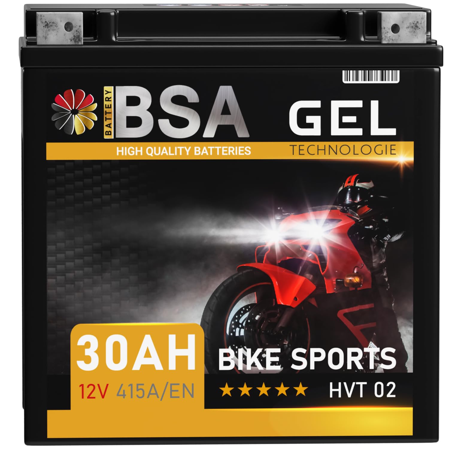 BSA HVT-02 GEL Motorradbatterie 12V 30Ah 415A/EN Batterie doppelte Lebensdauer entspricht YB30L-B YIX30L-BS 53040 vorgeladen auslaufsicher wartungsfrei ersetzt 32Ah 30Ah von BSA BATTERY HIGH QUALITY BATTERIES