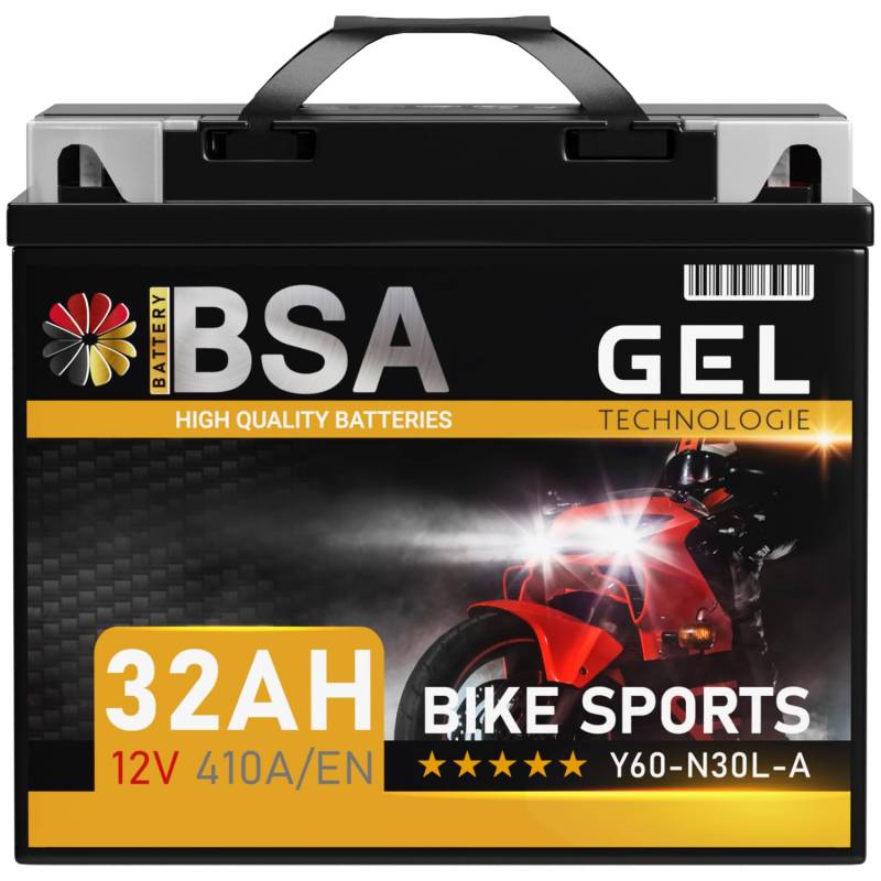 BSA Y60-N30L-A GEL Motorradbatterie 12V 32Ah 410A/EN doppelte Lebensdauer entspricht 53030 vorgeladen auslaufsicher wartungsfrei ersetzt 28Ah 30Ah von BSA BATTERY HIGH QUALITY BATTERIES