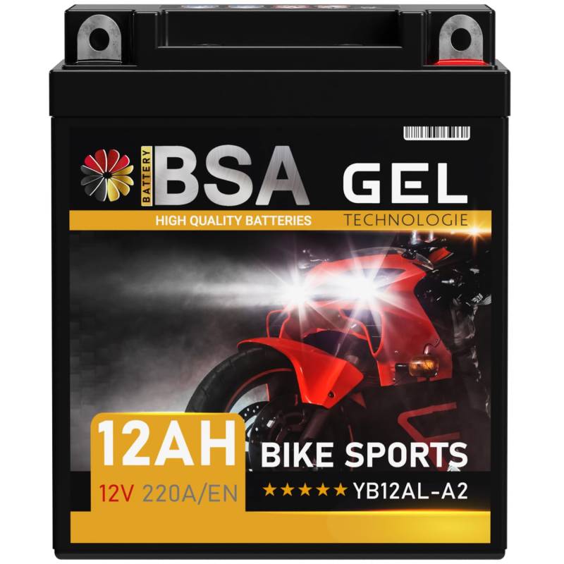 BSA YB12AL-A2 GEL Motorradbatterie 12V 12Ah 220A/EN Batterie doppelte Lebensdauer entspricht 51213 GEL12-12AL-A YB12AL-A vorgeladen auslaufsicher wartungsfrei ersetzt 10Ah von BSA BATTERY HIGH QUALITY BATTERIES