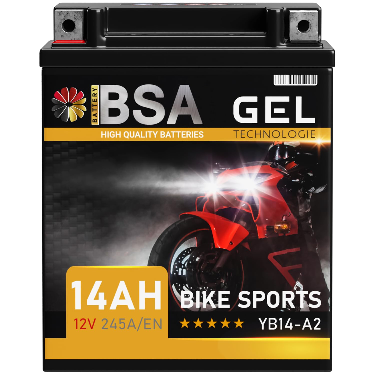 BSA YB14-A2 GEL Motorradbatterie 12V 14Ah 245A/EN Batterie doppelte Lebensdauer entspricht 51412 YB14-B2 YB14A-A2 CB14-A2 FB14-A2 6Y4P auslaufsicher wartungsfrei von BSA BATTERY HIGH QUALITY BATTERIES