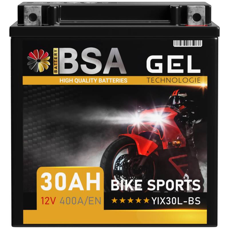 BSA YIX30L-BS GEL Motorradbatterie 12V 30Ah 400A/EN Batterie entspricht YB30L-BS 83200 vorgeladen auslaufsicher wartungsfrei ersetzt 30Ah von BSA BATTERY HIGH QUALITY BATTERIES