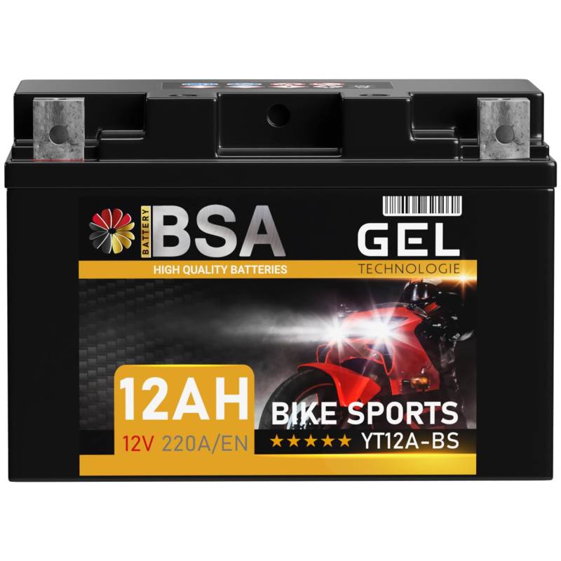 BSA YT12A-BS GEL Motorradbatterie 12V 12Ah 220A/EN Batterie doppelte Lebensdauer entspricht 51013 YTX12A-BS YT12A-4 YTZ12S GT12A-BS CTX12A-BS vorgeladen auslaufsicher wartungsfrei ersetzt 10Ah von BSA BATTERY HIGH QUALITY BATTERIES