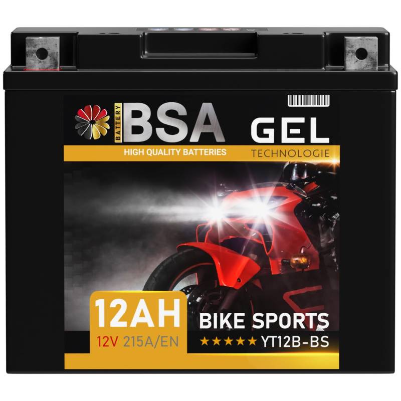 BSA YT12B-BS GEL Motorradbatterie 12V 12Ah 215A/EN Batterie doppelte Lebensdauer entspricht 51001 51015 YT12-B4 GT12B-4 CT12B-4 vorgeladen auslaufsicher wartungsfrei von BSA BATTERY HIGH QUALITY BATTERIES