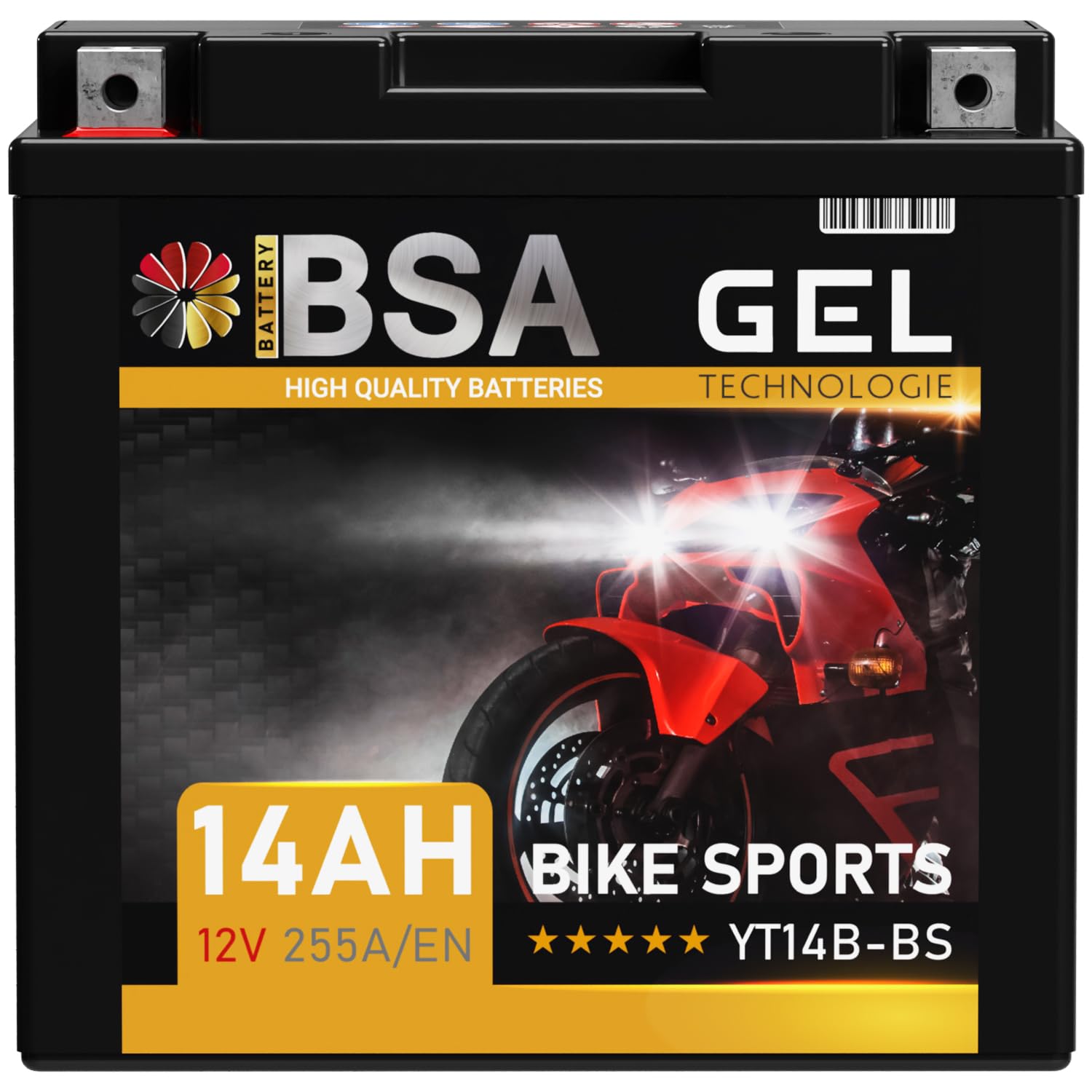 BSA YT14B-BS GEL Motorradbatterie 12V 14Ah 255A/EN Batterie doppelte Lebensdauer entspricht 51201 51422 GT14B-4 YT14B-4 vorgeladen auslaufsicher wartungsfrei von BSA BATTERY HIGH QUALITY BATTERIES