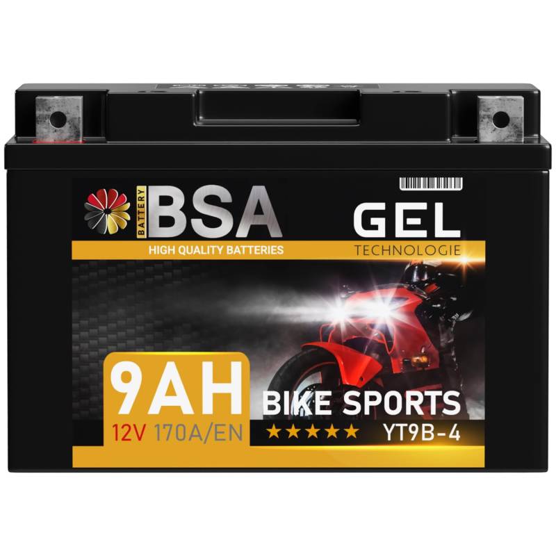 BSA YT9B-4 GEL Motorradbatterie 12V 9Ah 170A/EN Batterie doppelte Lebensdauer entspricht YT9B-BS 50801 50815 GT9B-4 vorgeladen auslaufsicher wartungsfrei ersetzt 8Ah von BSA BATTERY HIGH QUALITY BATTERIES