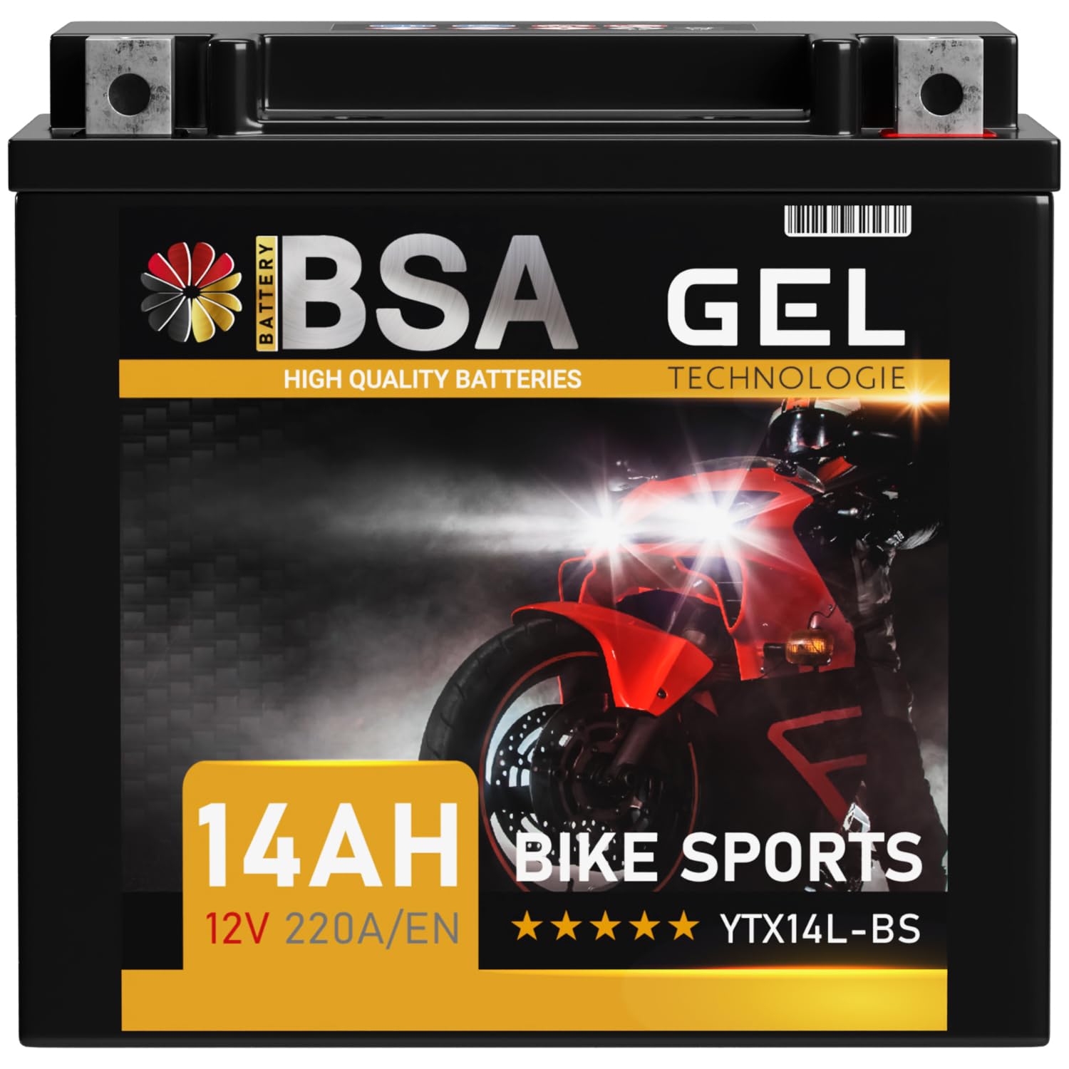 BSA YTX14L-BS GEL Motorradbatterie 12V 14Ah 220A/EN Batterie doppelte Lebensdauer entspricht HVT-03 51216 HVT-3 vorgeladen auslaufsicher wartungsfrei von BSA BATTERY HIGH QUALITY BATTERIES