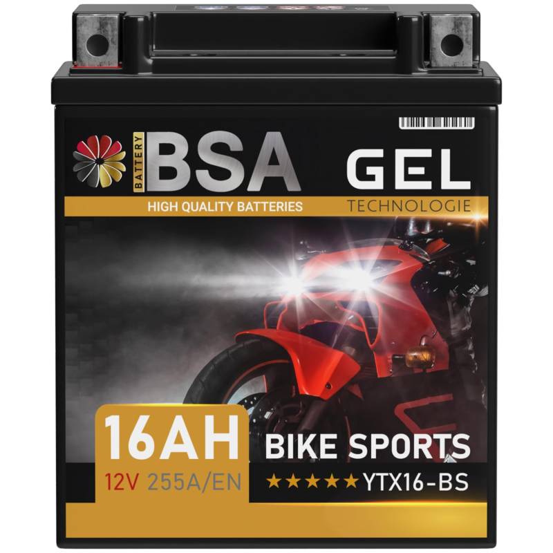 BSA YTX16-BS GEL Motorradbatterie 12V 16Ah 255A/EN Batterie doppelte Lebensdauer entspricht 51422 YTX16-4 YTX16BS ETX16-BS vorgeladen auslaufsicher wartungsfrei ersetzt 14Ah von BSA BATTERY HIGH QUALITY BATTERIES