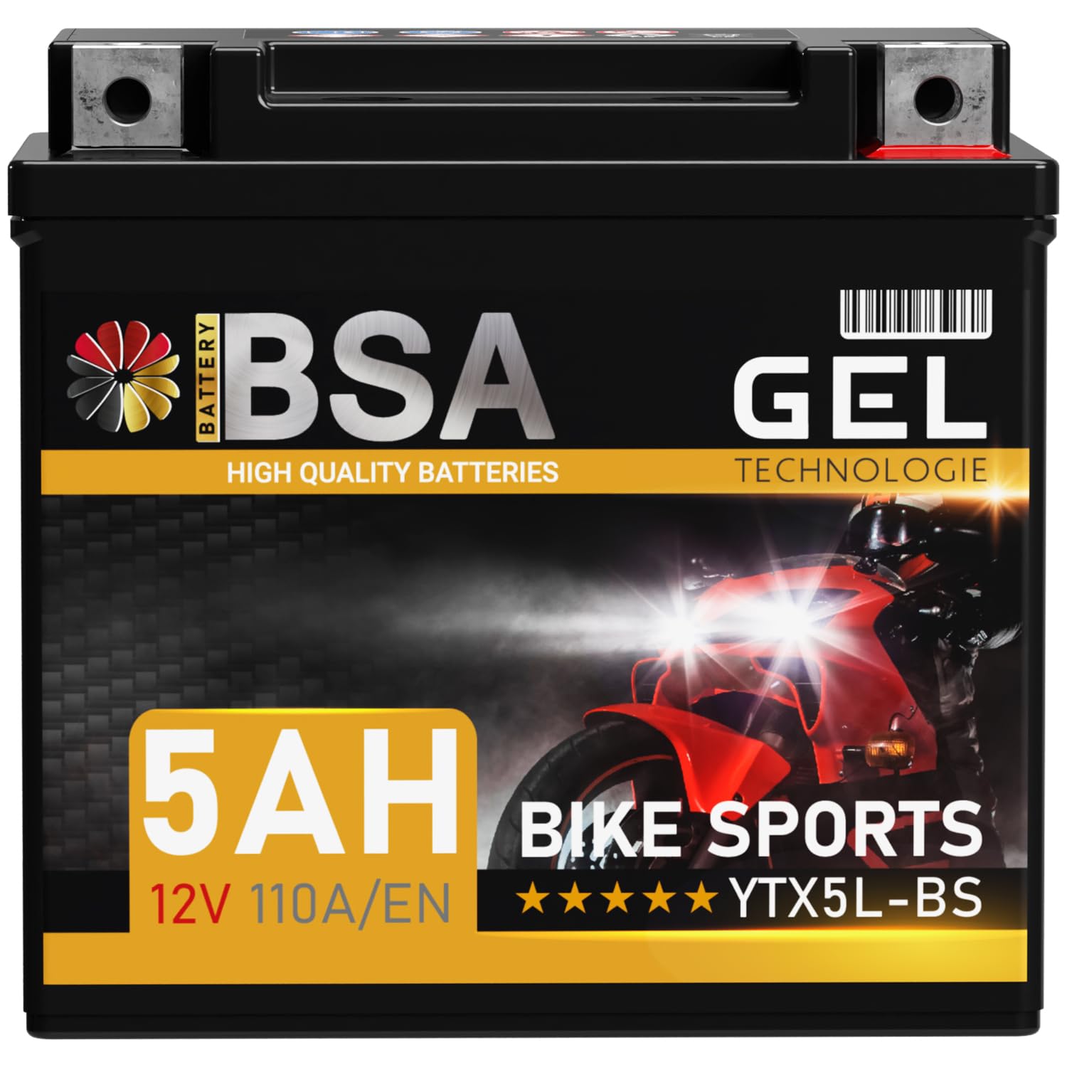 BSA YTX5L-BS GEL Roller Batterie 12V 5Ah 110A/EN Motorradbatterie doppelte Lebensdauer entspricht YTX5L-4 50412 CTX4L-4 YT5L-BS vorgeladen auslaufsicher wartungsfrei ersetzt 4Ah von BSA BATTERY HIGH QUALITY BATTERIES