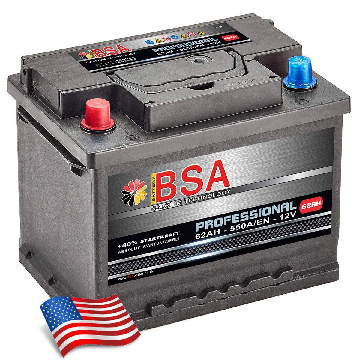 US Autobatterie 62Ah 550A/EN USA Batterie Pluspol Links für US Fahrzeuge PKW KFZ von BSA BATTERY HIGH QUALITY BATTERIES