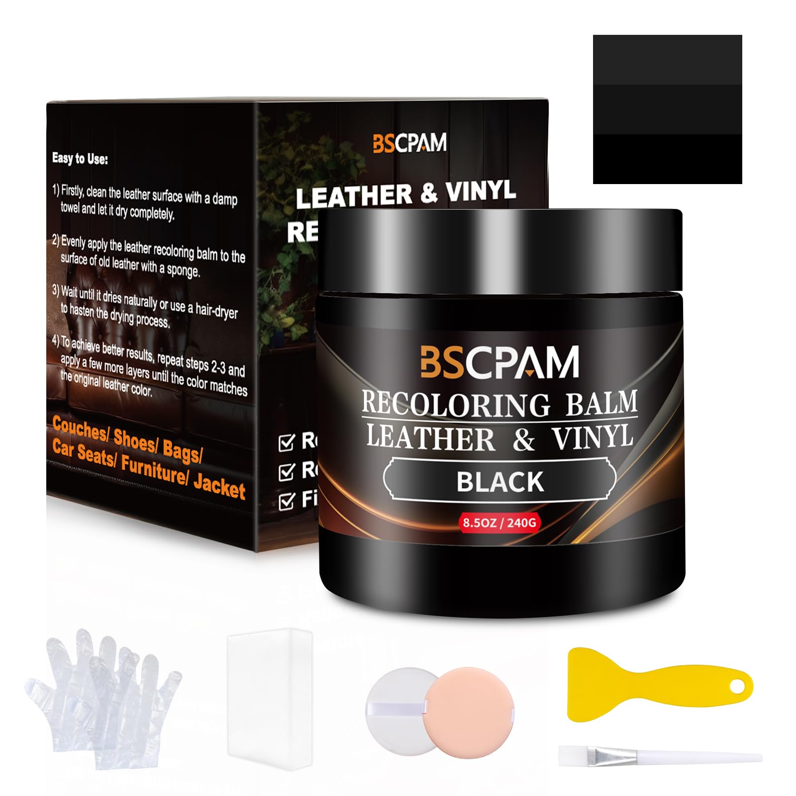 BSCPAM Leder Reparatur Set Schwarz,Flüssigleder Lederpflege für Ledercouch,Autositze,Vinyl,Leder Sofa Kratzer/Fleck,Kunstleder Reparaturset,Lederfarbe Lederfett für Zerkratzte,Riss und Verblasste von BSCPAM