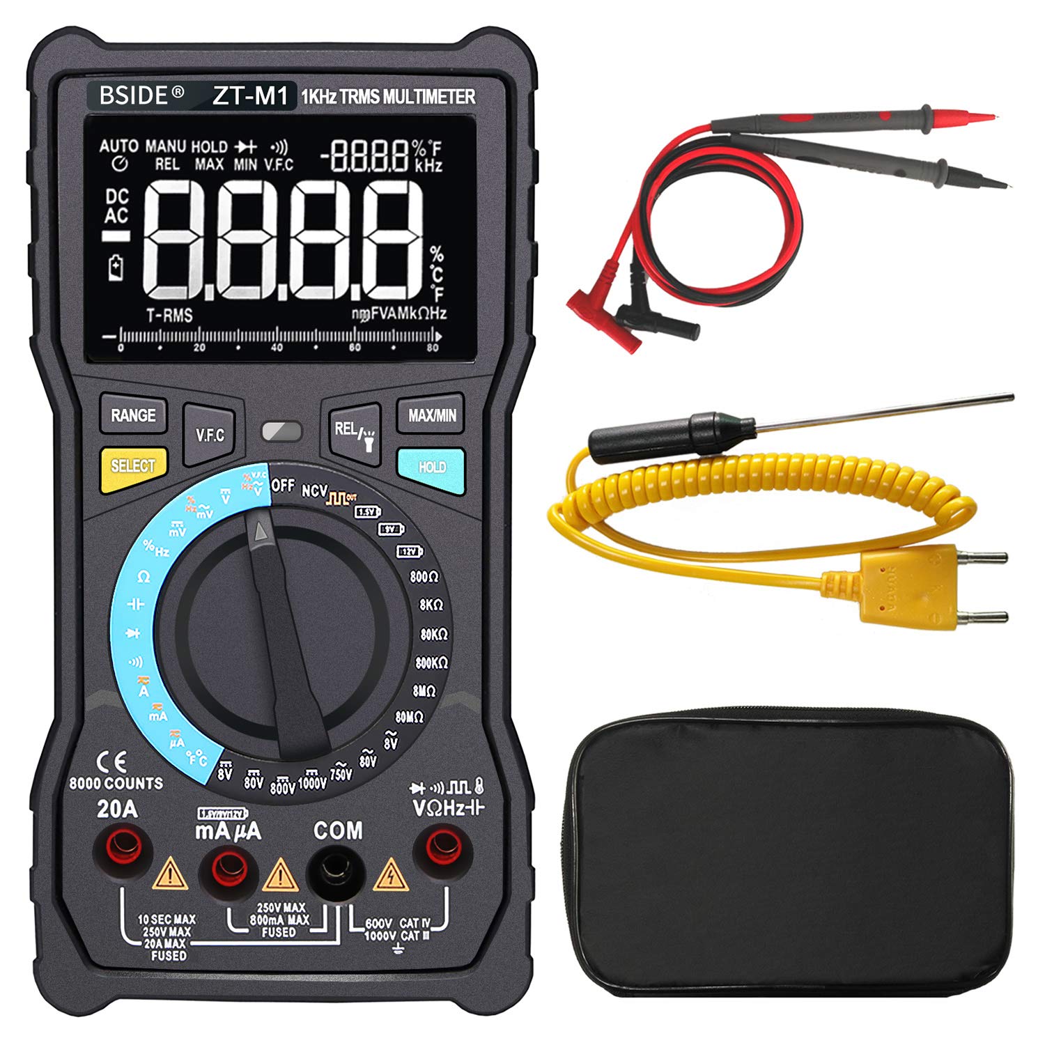 Bside ZT-M1 Digitales Multimeter, 3-zeiliges Display, manueller und automatischer Modus, 8000 Counts, automatische Bereichseinstellung, DMM, VFC-Temperatur, Spannung, Strom, Batterietester von BSIDE