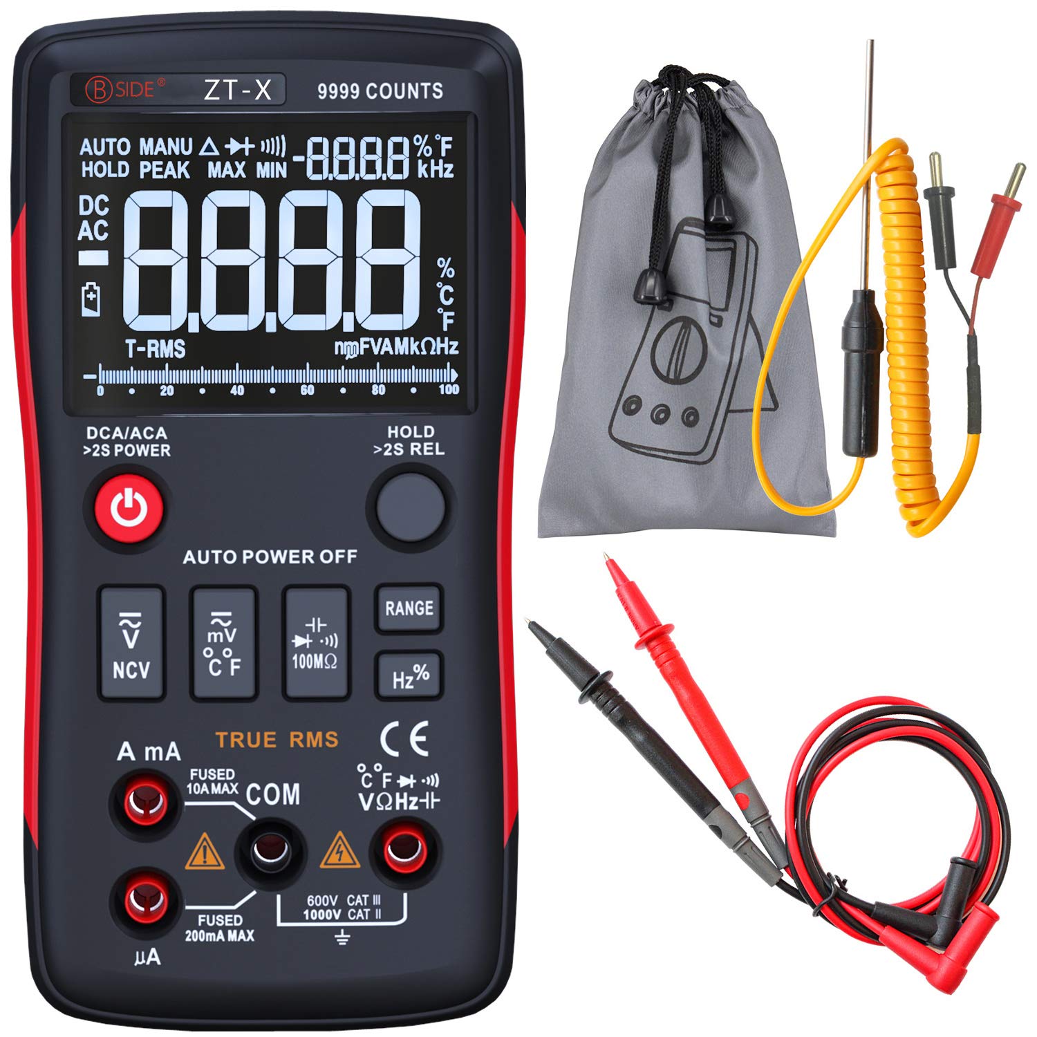 Bside ZT-X True-RMS-Digitalmultimeter, 3-zeiliges Display 9999 Zähltasten-Design Automatische DMM-Temperaturmessung Kapazität Wechsel- / Gleichspannungsstrom Multimeter-Tester von BSIDE