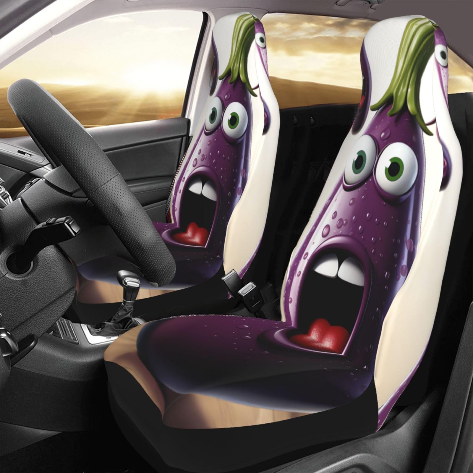 BTCOWZRV Autositzbezug, 2 Stück, elastisch, waschbar, Auto-Vordersitzbezüge für Damen und Herren, universeller Sitzbezug für Autos, Cartoon-Aubergine, Autositzschutz, passend für SUV, Limousine, LKW von BTCOWZRV