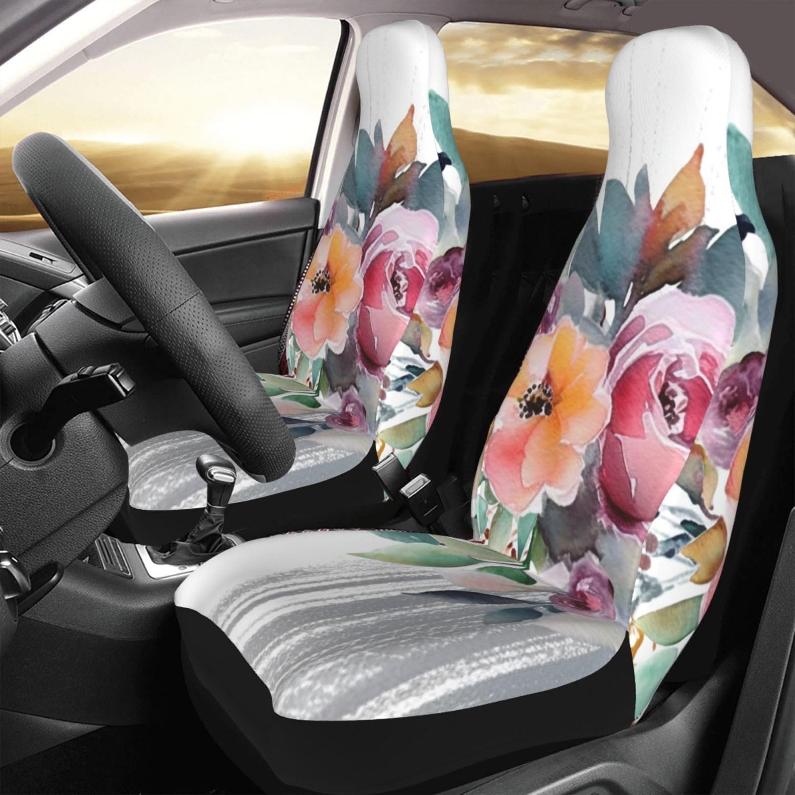 BTCOWZRV Autositzbezug, 2-teilig, elastisch, waschbar, Vordersitzbezüge für Damen und Herren, universeller Sitzbezug für Autos, Aquarell-Blumenecken, Blumenstrauß, Autositzschutz, passend für SUV, von BTCOWZRV