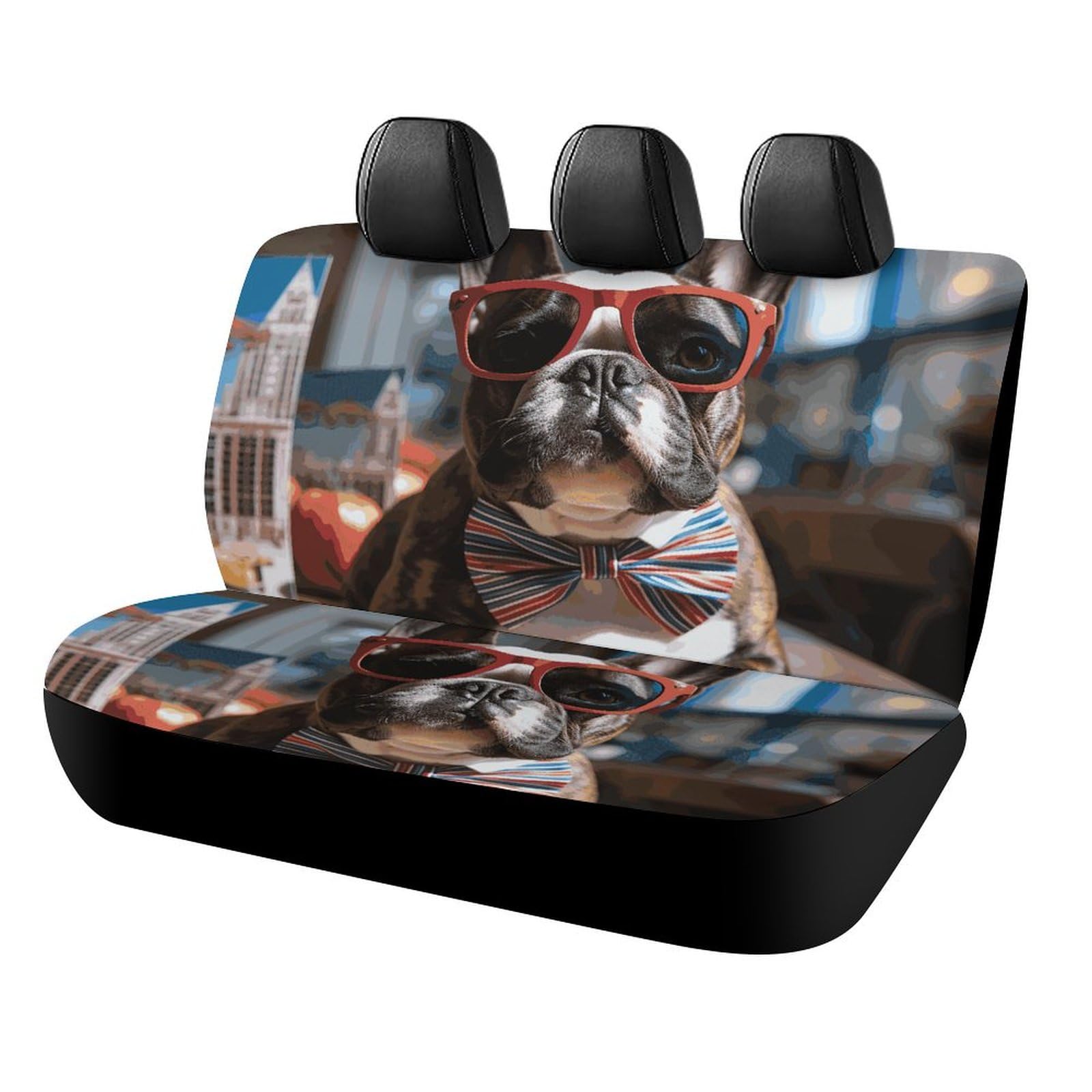 BTCOWZRV Französische Bulldogge mit Sonnenbrille, Auto-Rücksitzbezüge für Rücksitze, Neopren, Auto-Rückbank-Sitzbezug, wasserdicht, universell, passend für die meisten Autos, LKWs, Lieferwagen, SUVs von BTCOWZRV