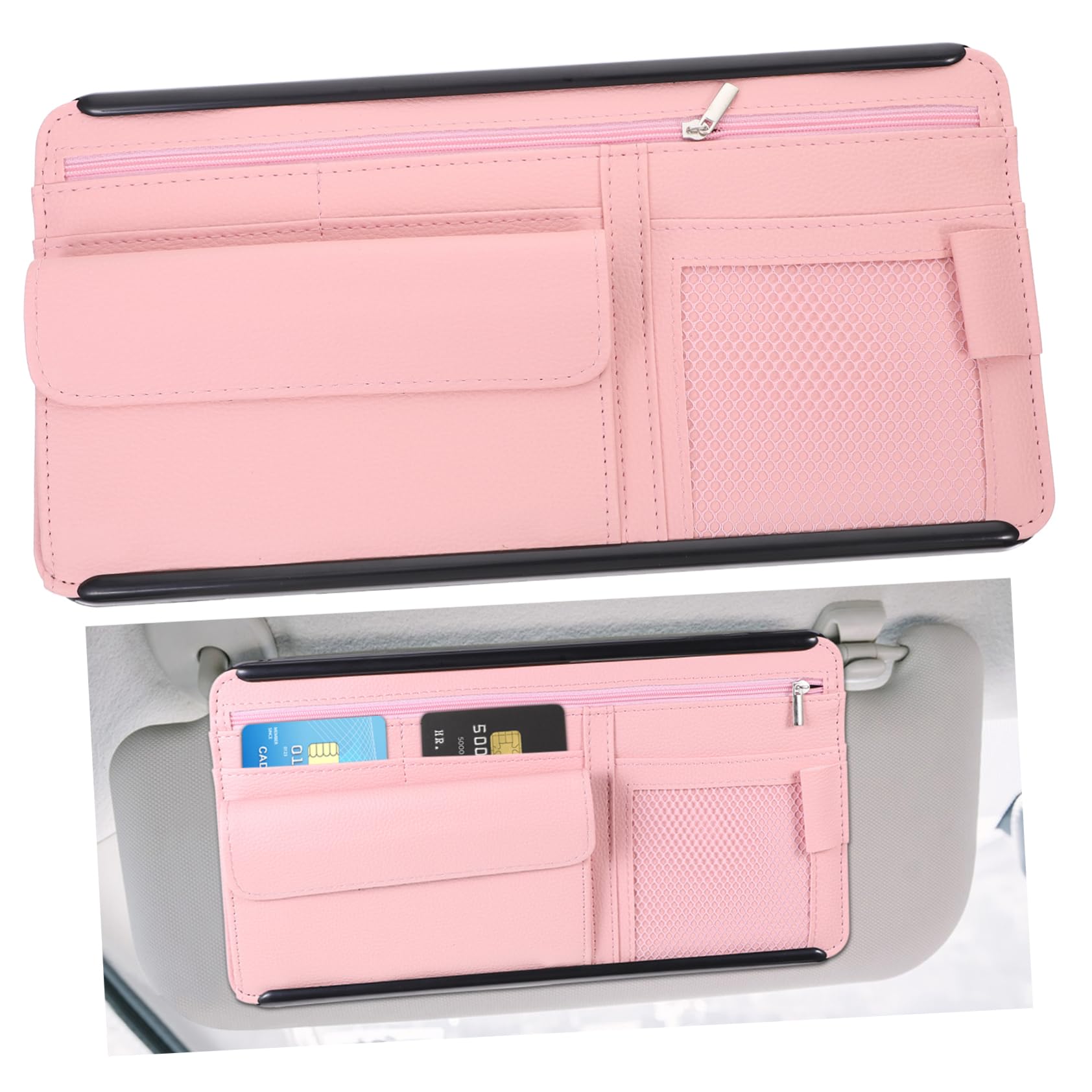 BUGUUYO Aufbewahrungstasche Für Sonnenblende Visierkarten-Organizer Auto Innen Sonnenbrillen-Organizer Autovisier Mit Mehreren Taschen Sonnenfänger Fürs Auto Auto-Visier-Organizer Abs Rosa von BUGUUYO