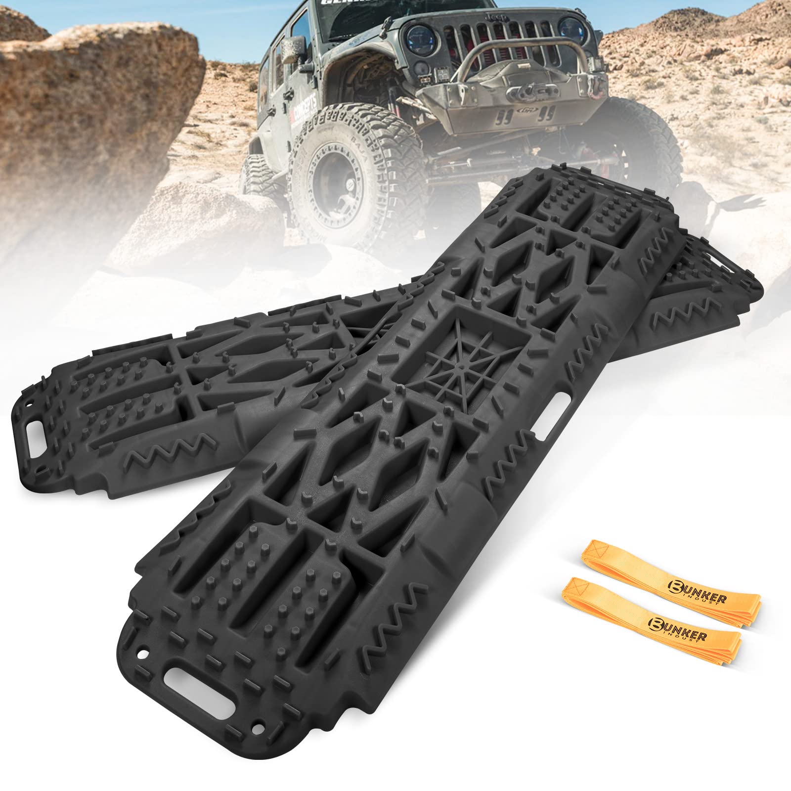 BUNKER INDUST Off-Road-Traktionsplatten mit Wagenheber-Basis, 2 Stück Recovery Tracks Traktionsmatte für 4x4 Jeep Schlamm, Sand, Schnee-Traktionsleiter, schwarzes Reifen-Traktions-Werkzeug von BUNKER INDUST