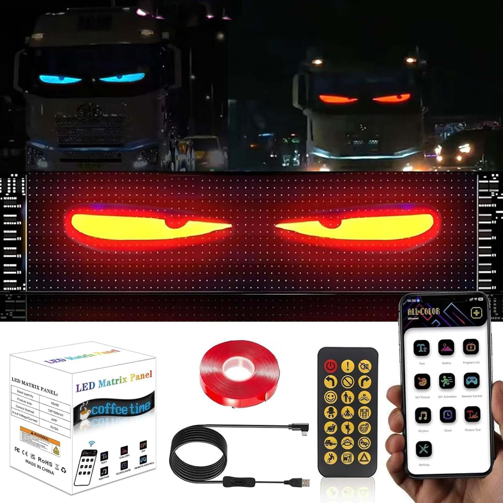 Augen für Lkw und Auto, Devil Eyes, Großer Programmierbarer Flex LED Display Auto, DIY Auto Dynamische LED Smart Bunte Augenlampe Soft Screen von BUNQQF