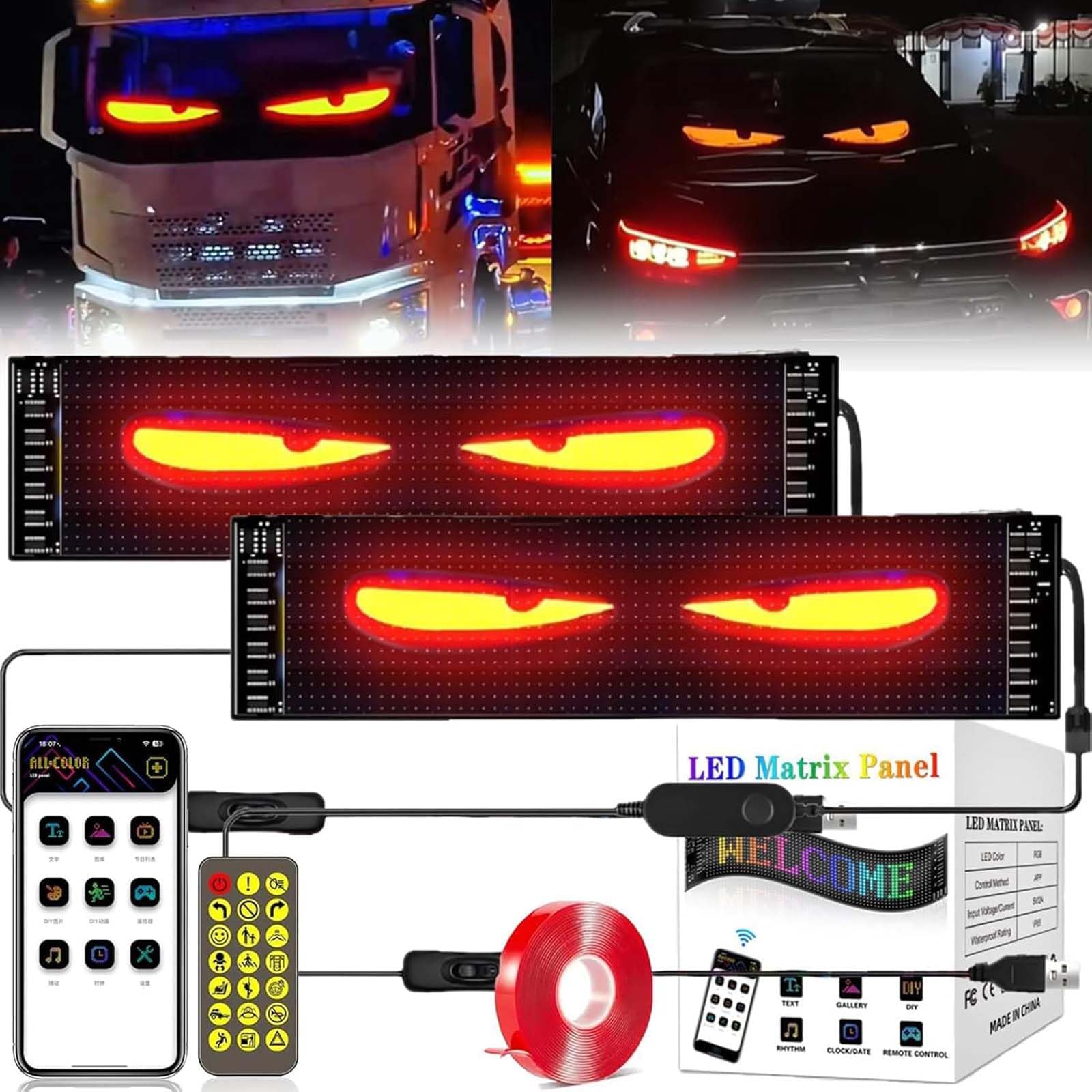 Teufelsaugen-Lichter für Autos, Devil Eyes Licht für Auto und LKW, Colorful Eye Lamp Soft Screen for Car Window, Programmierbares Flex-Auto-LED-Display von BUNQQF