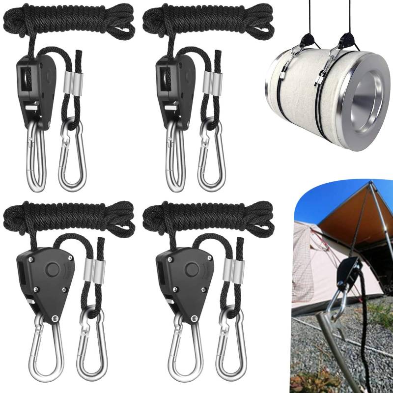 4 Stück Ratchet Hanger Duty Heavy,1/8 Zoll seilratsche mit Haken,Einstellbare Seil Seilhaken Ratsche Seilratsche 2 M,Geeignet für Pflanzen,Ventilatoren und Lichter,Grow Light Armaturen Pflanzenlampe G von BUOSHUO