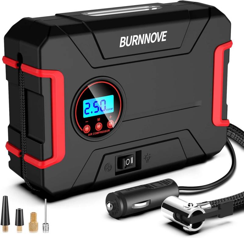 BURNNOVE Elektrische Luftpumpe DC 12V 120PSI Kompressor Tragbarer Luftkompressor mit LED Licht und Digitalanzeige Reifenpumpe mit 4 Düsen für Auto Fahrrad Motorrad Ball von BURNNOVE