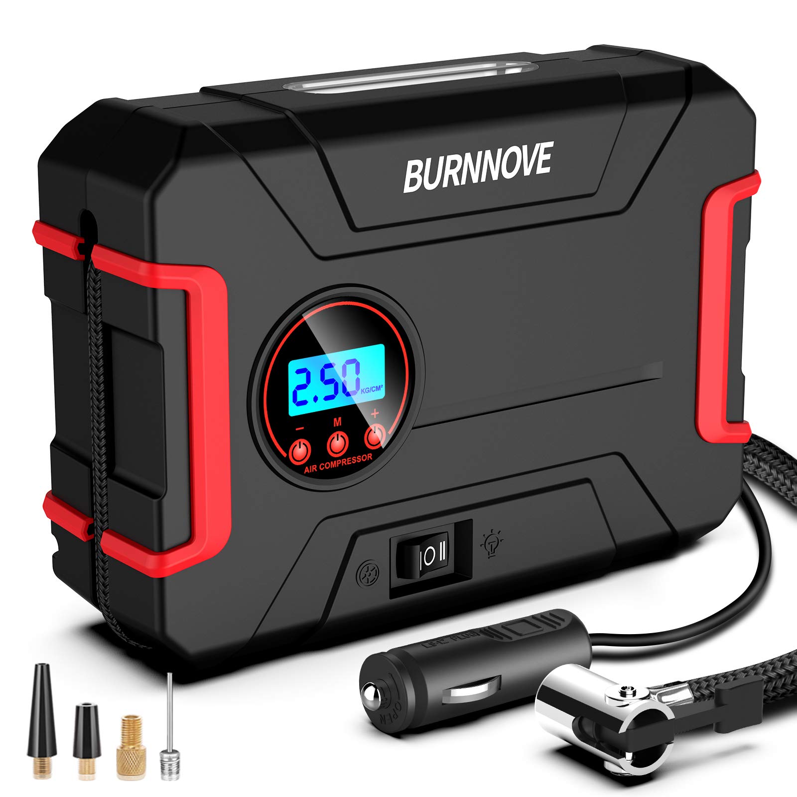 BURNNOVE Luftkompressor Auto luftpumpe mit Druckanzeige Kompressoren Reifen Inflator DC 12V 120PSI Tragbare elektrische Autoluftpumpe für Auto Fahrrad Motorrad Ball mit 4 Aufsätze von BURNNOVE