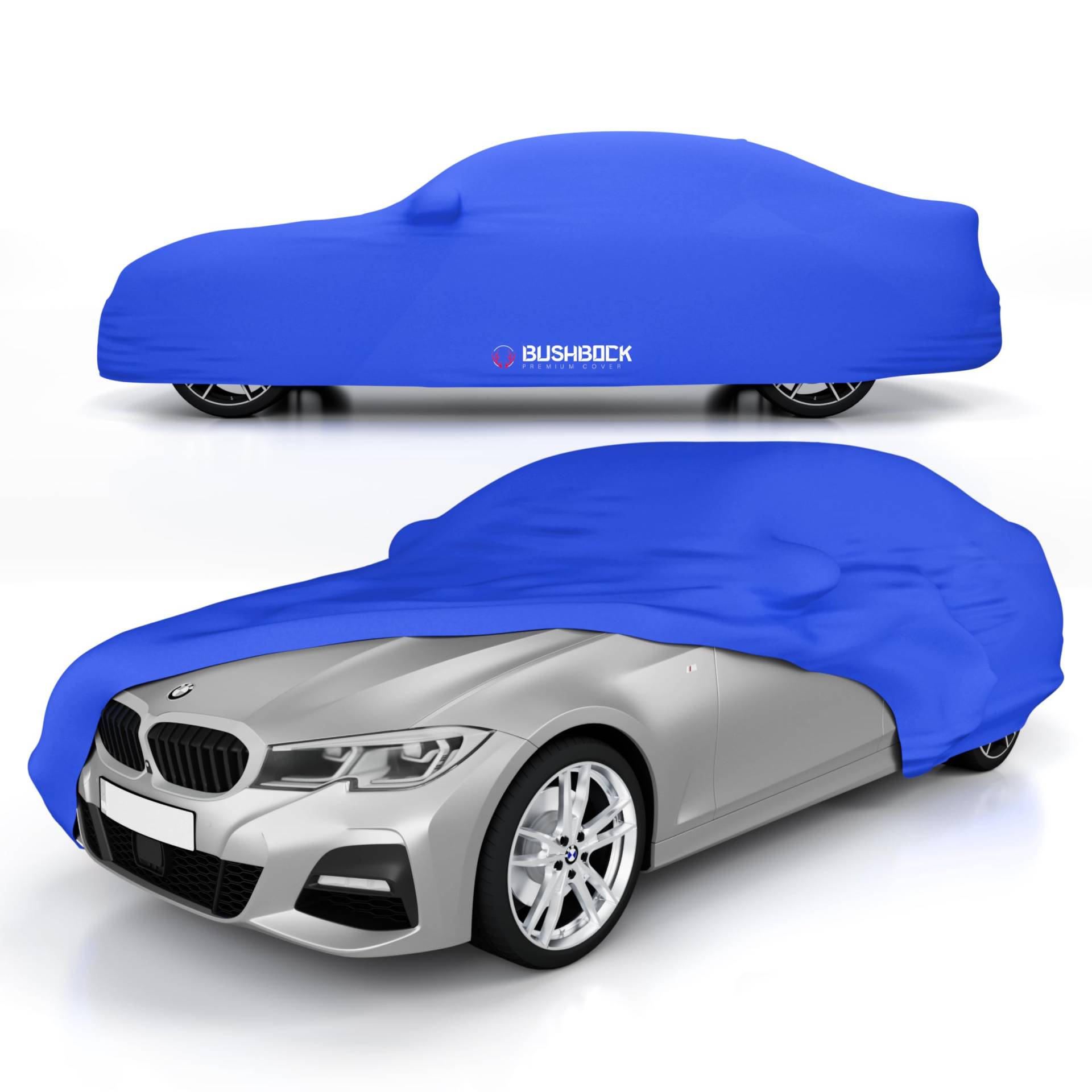 BUSHBOCK® Premium Autoabdeckung Indoor - Satin Schutzhülle Stoff - Abdeckplane Autoplane Autogarage Innenbereich - 2 Farben, 4 Größen (Blau, L) von BUSHBOCK Premium Cover