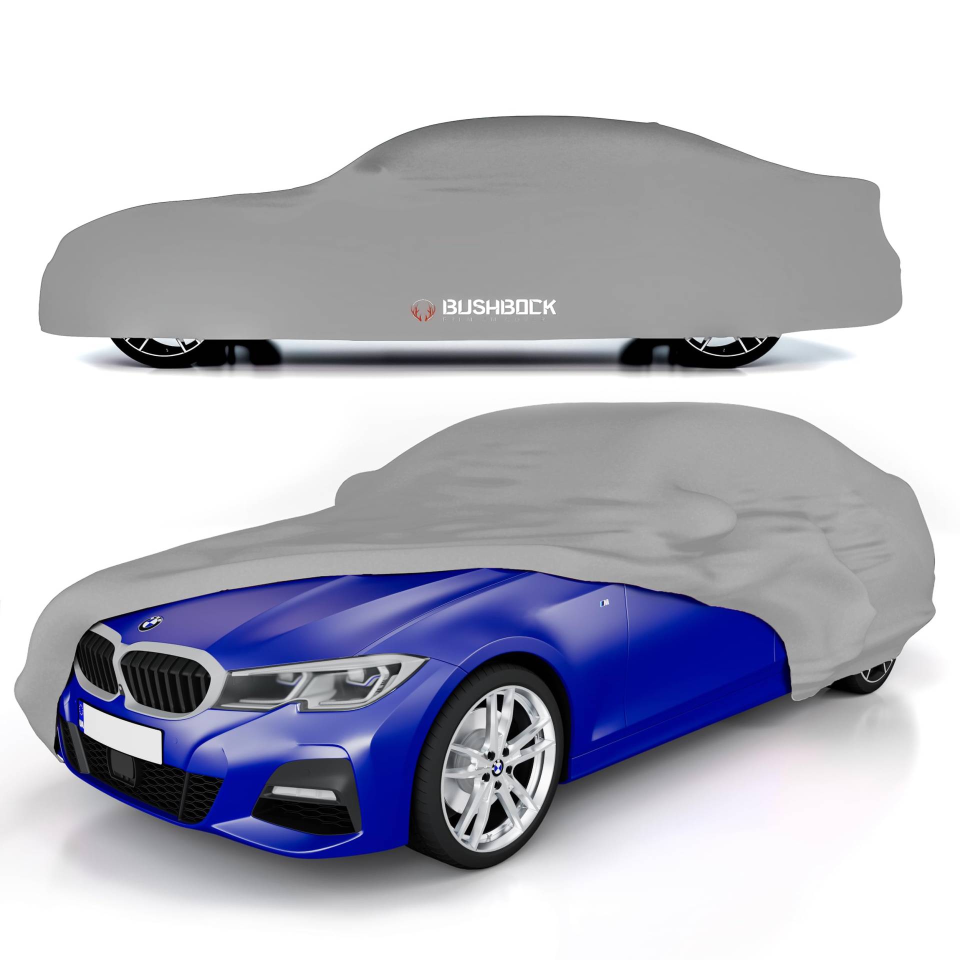 BUSHBOCK® Premium Autoabdeckung Indoor - Satin Schutzhülle Stoff - Abdeckplane Autoplane Autogarage Innenbereich - 2 Farben, 4 Größen (Silbergrau, L) von BUSHBOCK Premium Cover