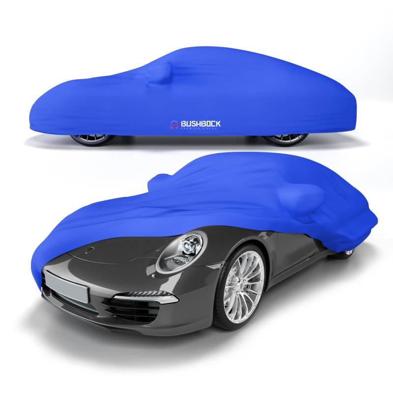 BUSHBOCK® Premium Autoabdeckung Indoor für Porsche o.ä. - Satin Schutzhülle Stoff - Abdeckplane Autoplane Autogarage Innenbereich - 2 Farben, 4 Größen (Blau, M) von BUSHBOCK Premium Cover