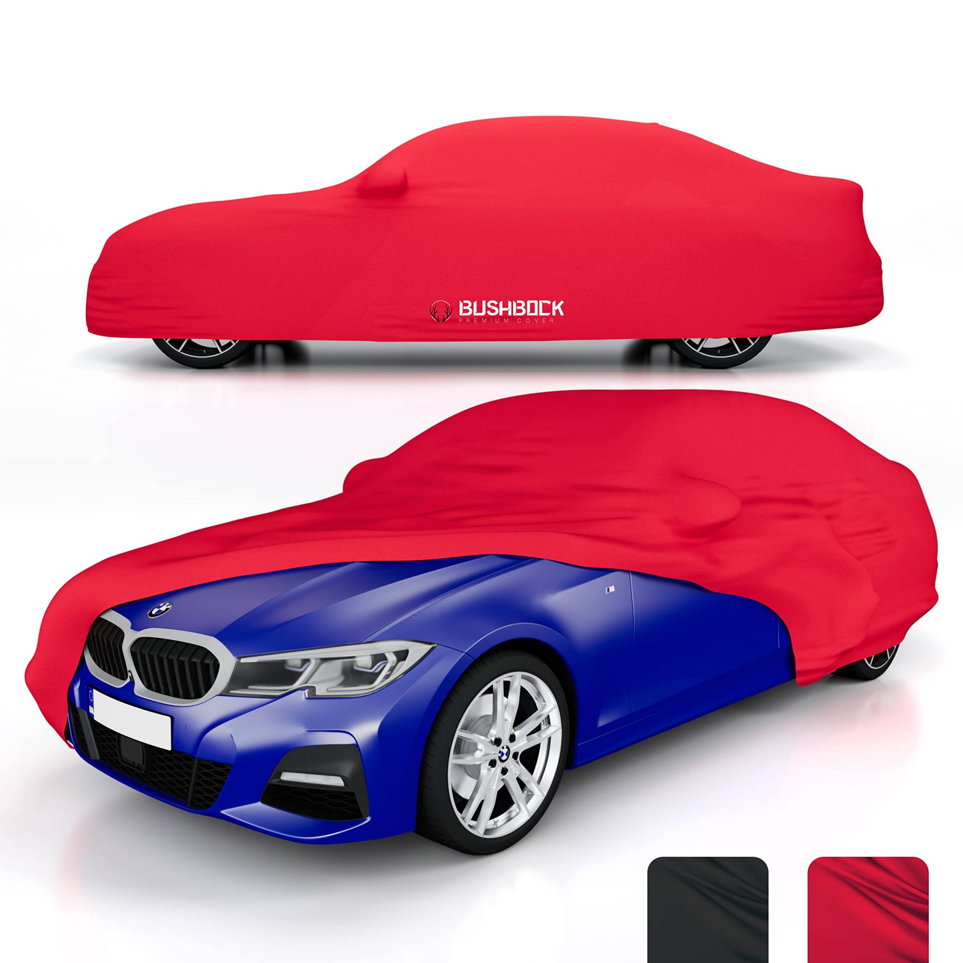 BUSHBOCK® Premium Autoabdeckung Indoor - Satin Schutzhülle Stoff - Abdeckplane Autoplane Autogarage Innenbereich - 2 Farben, 4 Größen (Rot, L) von BUSHBOCK Premium Cover