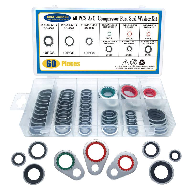 A/C System Kompressor Dichtung Dichtungen Klimaanlage Kompressor Port Seal Washer Kit 60 Stück Dichtung Bonded Seal Sortiment von BUSY-CORNER