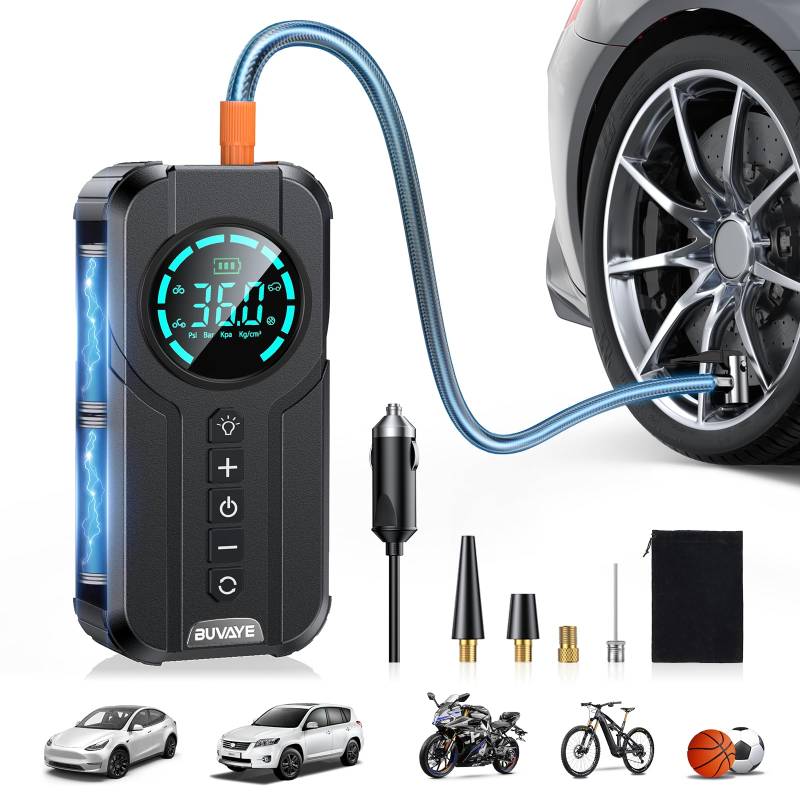 BUVAYE Elektrische Luftpumpe mit 6000mAh Akku Luftpumpe, 150PSI Tragbare Luftpumpe Elektrisch Fahrradluftpumpe Kompressor mit LCD-Bildschirm Reifenpumpe für Fahrrad, Motorrad, Auto, Bälle von BUVAYE