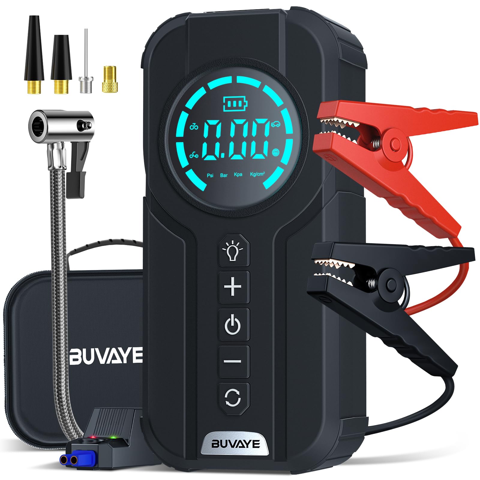 BUVAYE Auto Starthilfe Powerbank mit Luftkompressor,150PSI 2000A Starthilfe Powerbankfür 7.0L Benzin und 5.0L Dieselmotor,Powerbank als Auto mit LCD Bildschirm,Starthilfe mit LED,Eva Werkzeugtasche von BUVAYE