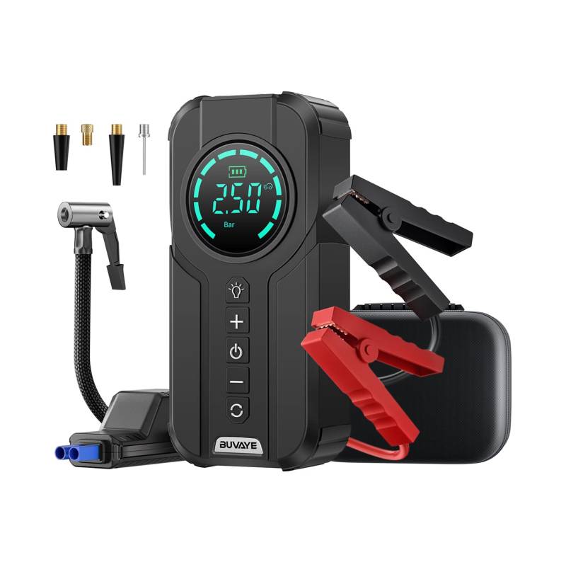 BUVAYE Portable Car Jump Starter mit Luftkompressor, 2000A Batterie Jump Starter mit 150PSI Digital Tire Inflator, bis zu 7L Gas & 5L Diesel Motoren, 12V Safe Lithium Auto Batterie Ladegerät von BUVAYE