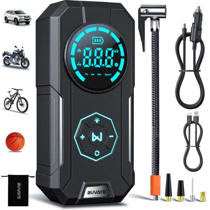 Elektrische Luftpumpe BUVAYE Fahrradpumpe Akku Kompressor, 150 PSI 12V Tragbare Luftkompressor Autoreifenpumpe Für Auto, Motorrad, Fahrrad, über USB-C wiederaufladbar, Als Taschenlampe und Powerbank von BUVAYE