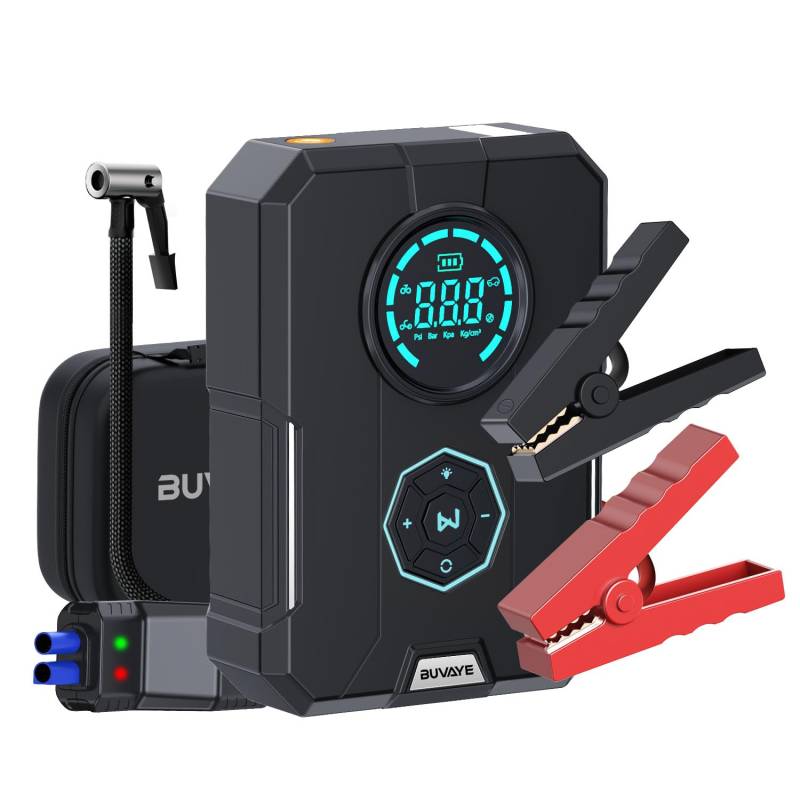 Tragbare Auto Starthilfe Powerbank mit Kompressor, 150PSI 2000A Starthilfegeräte für Autobatterien (Alle Benzin/5L Diesel), BUVAYE Car Jump Starter mit Starthilfekabel, LED-Licht, LCD Bildschirm von BUVAYE