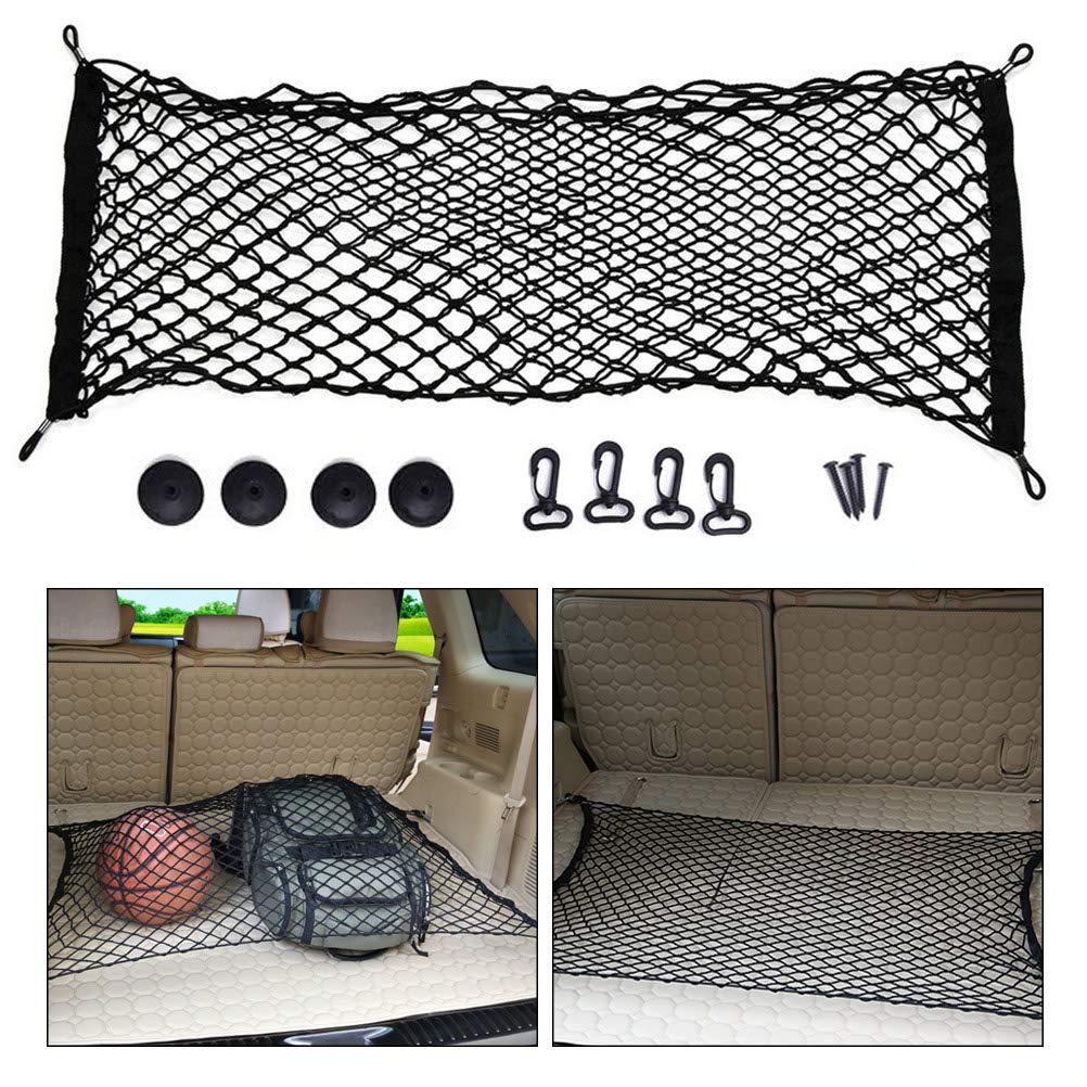 BUYGOO Kofferraum Netz Auto Gepäcknetz Elastisch Nylon Kofferraum Netz kofferraumnetz Auto Kofferraum Kofferraumnetz Netztasche Schutznetz mit 4 Haken 90-130 x 40cm Netz Organizer für Auto Van SUV von BUYGOO