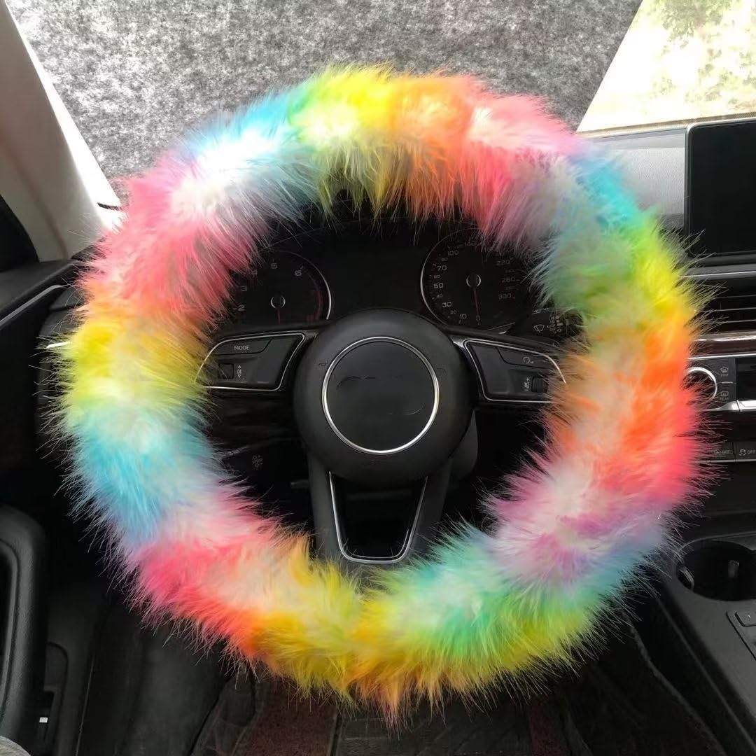 Lenkradbezug Auto Plüsch,universelle 15-Zoll Winter Wolle Soft Lenkradabdeckung für Damen und Mädchen,Auto Innenausstattung Zubehör 38cm Regenbogen von BWGHBH