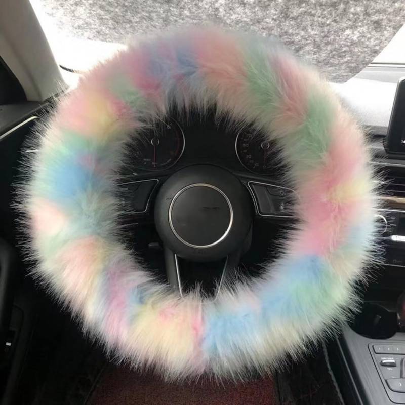 Lenkradbezug Auto Plüsch,universelle 15-Zoll Winter Wolle Soft Lenkradabdeckung für Damen und Mädchen,Auto Innenausstattung Zubehör 38cm Rosa Regenbogen von BWGHBH